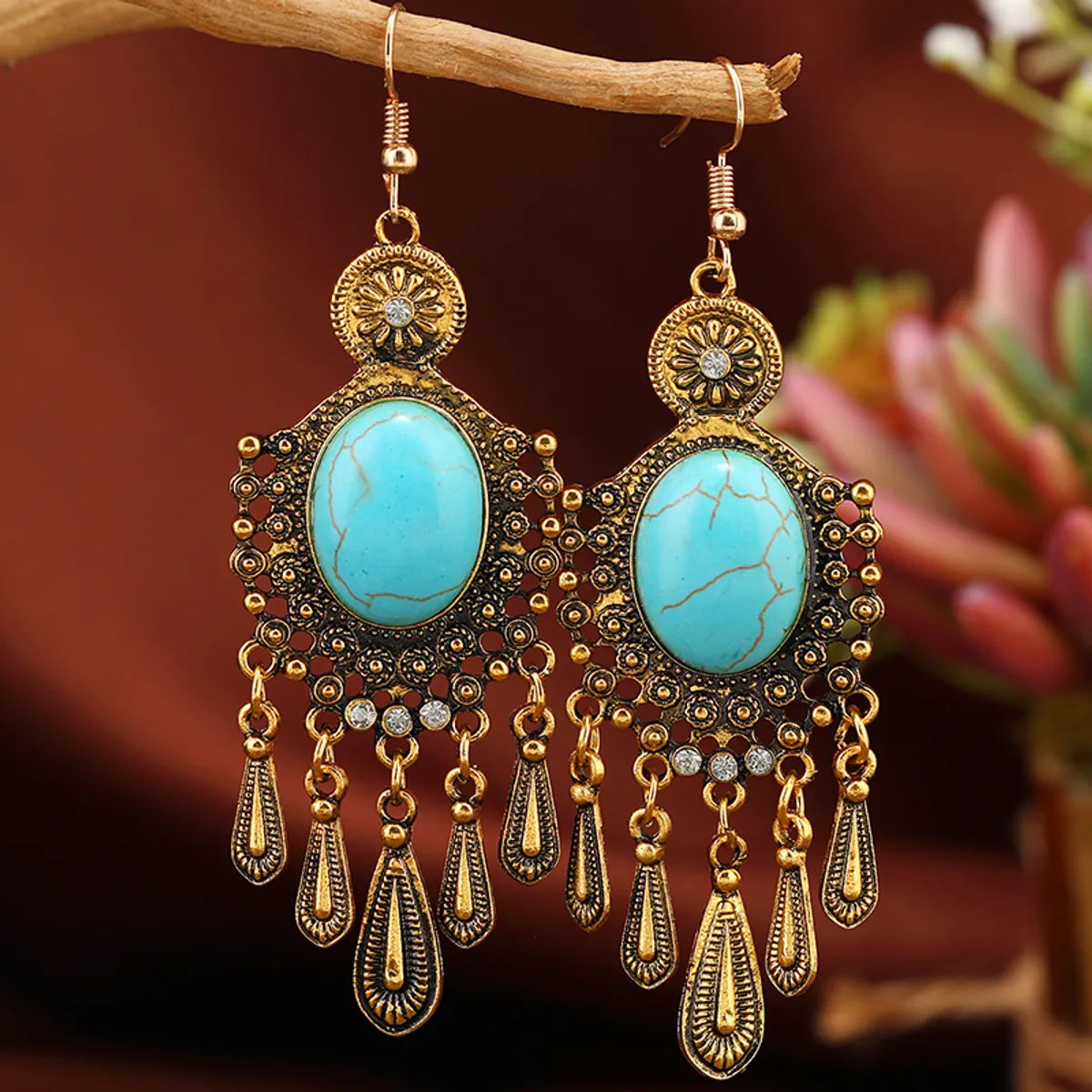 1 Pair Ethnic Style Classic Style Geometric Water Droplets Inlay Alloy Turquoise Rhinestones Drop Earrings