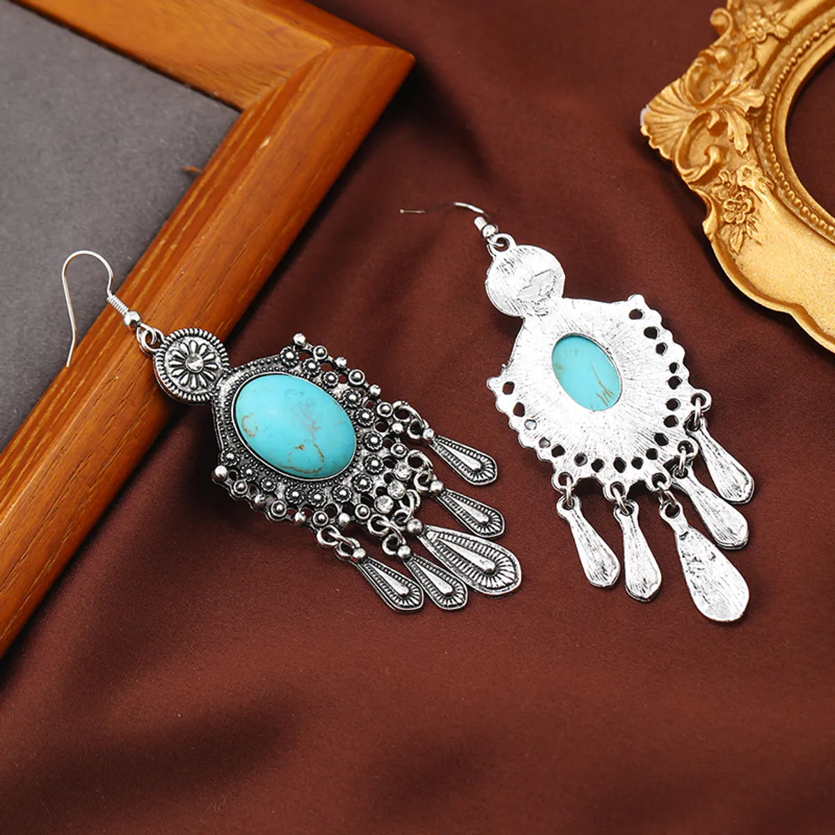 1 Pair Ethnic Style Classic Style Geometric Water Droplets Inlay Alloy Turquoise Rhinestones Drop Earrings