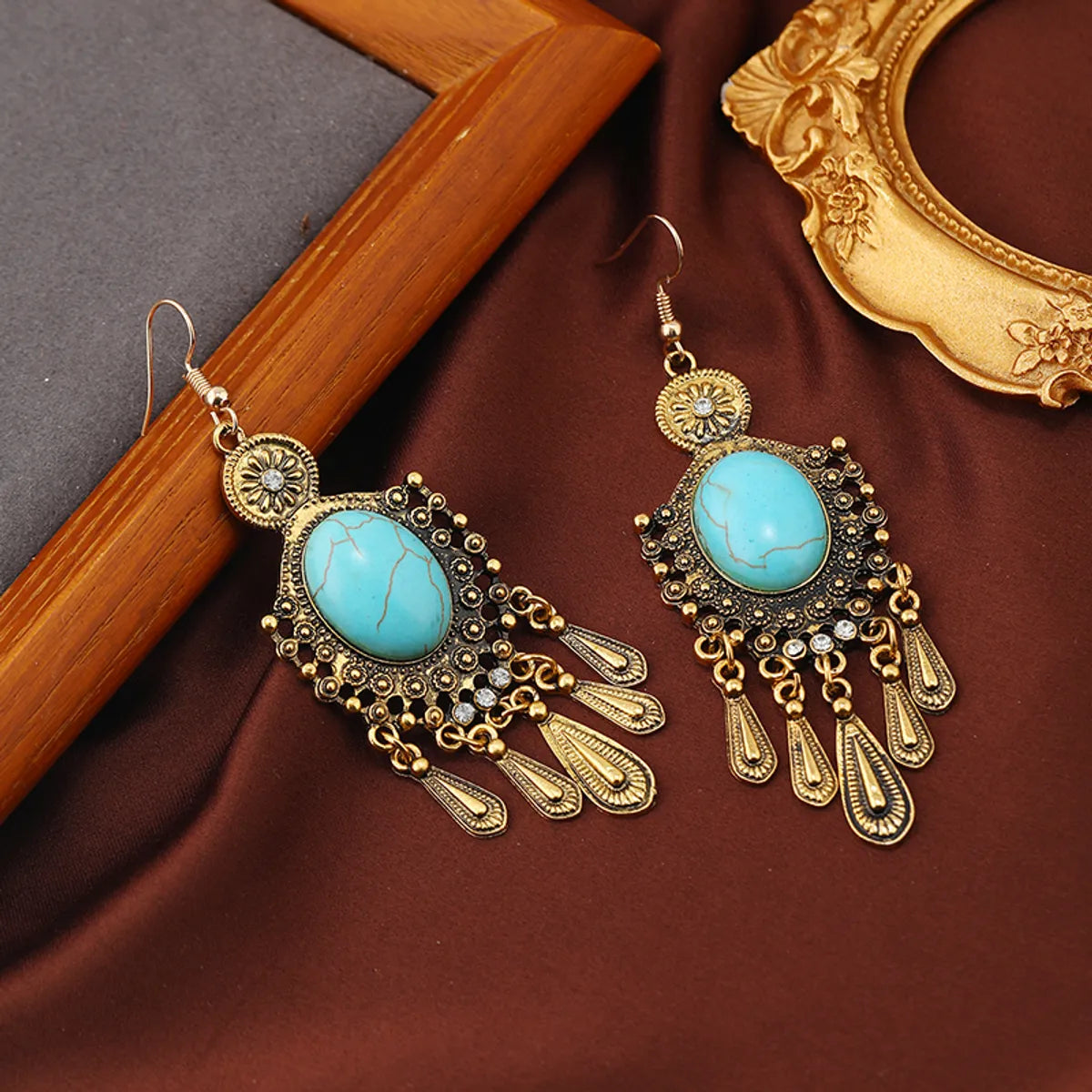 1 Pair Ethnic Style Classic Style Geometric Water Droplets Inlay Alloy Turquoise Rhinestones Drop Earrings