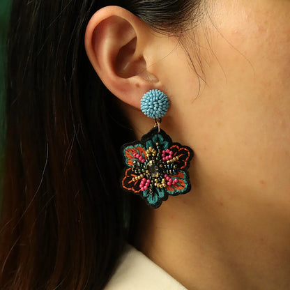 1 Pair Ethnic Style Commute Flower Beaded Embroidery Inlay Cloth Glass Rhinestones Drop Earrings