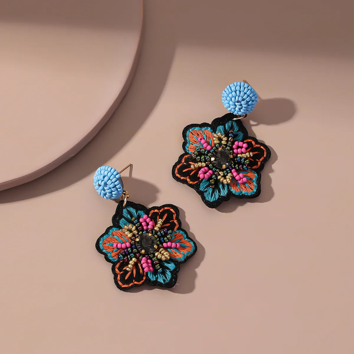 1 Pair Ethnic Style Commute Flower Beaded Embroidery Inlay Cloth Glass Rhinestones Drop Earrings