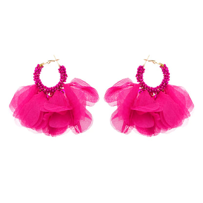 1 Pair Ethnic Style Flower Chiffon Pleated Inlay Beads Women's Earrings