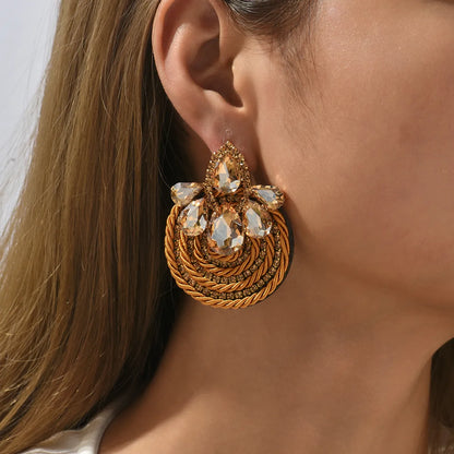 1 Pair Ethnic Style Flower Cloth Rhinestone Women'S Ear Studs