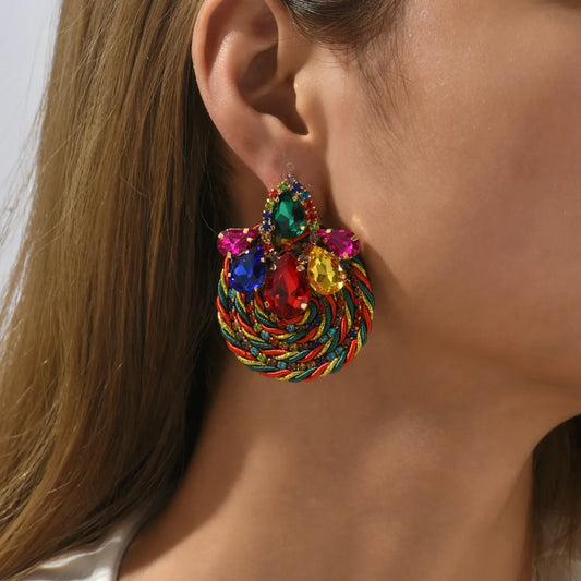 1 Pair Ethnic Style Flower Cloth Rhinestone Women'S Ear Studs