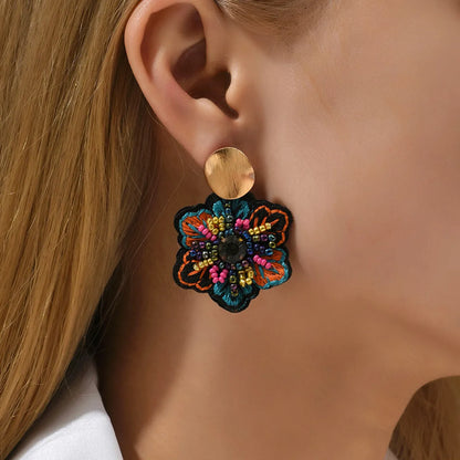 1 Pair Ethnic Style Flower Embroidery Beaded Resin Zinc Alloy Handmade Dangling Earrings