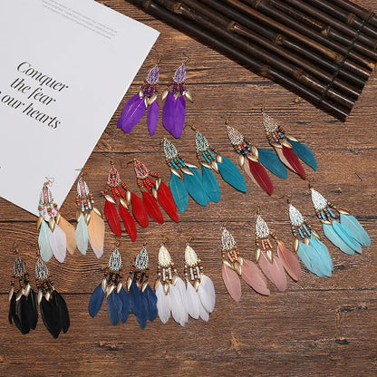 1 Pair Ethnic Style Flower Plating Alloy Feather Drop Earrings