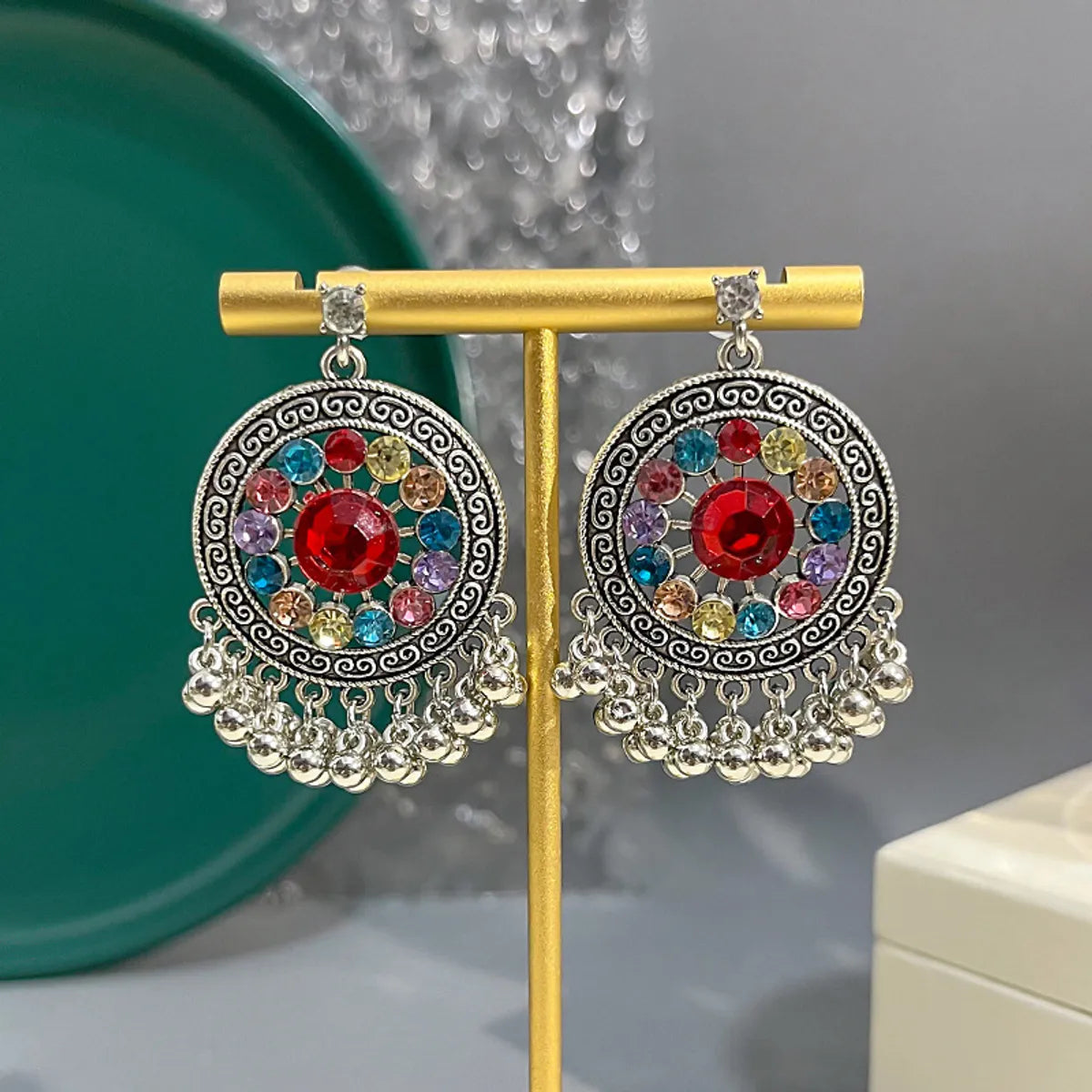 1 Pair Ethnic Style Geometric Alloy Inlay Artificial Gemstones Women'S Drop Earrings