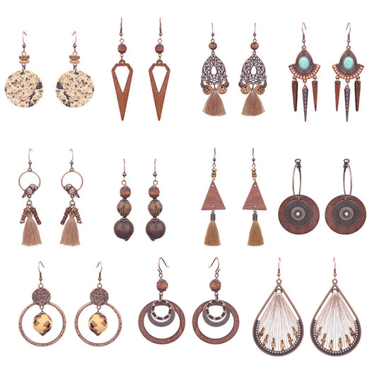 1 Pair Ethnic Style Geometric Water Droplets Tassel Wood Drop Earrings