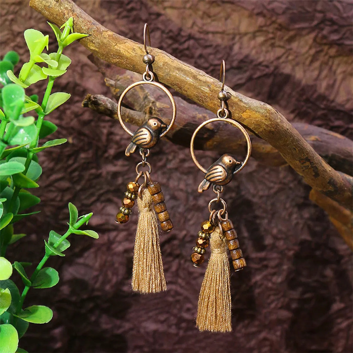 1 Pair Ethnic Style Geometric Water Droplets Tassel Wood Drop Earrings