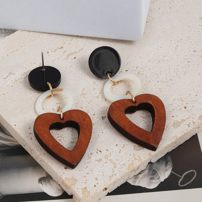 1 Pair Ethnic Style Heart Shape Plating Inlay Wood Shell Shell 18k Gold Plated Drop Earrings