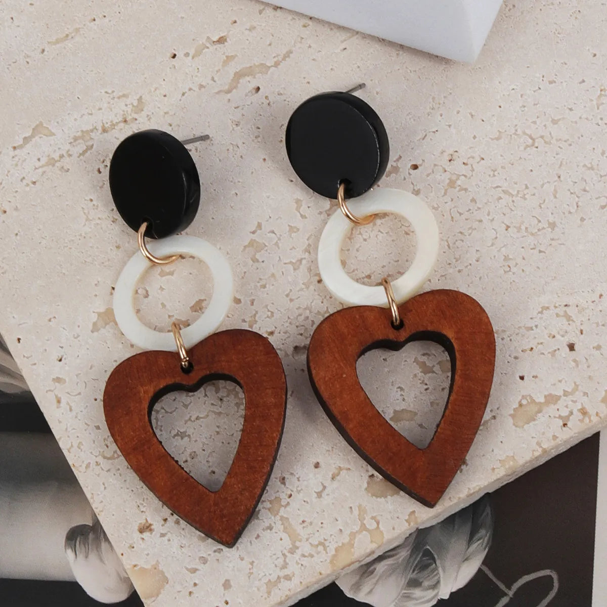 1 Pair Ethnic Style Heart Shape Plating Inlay Wood Shell Shell 18k Gold Plated Drop Earrings