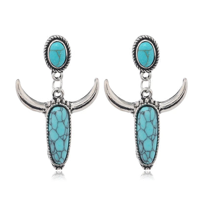 1 Pair Ethnic Style Horns Inlay Alloy Turquoise Silver Plated Drop Earrings