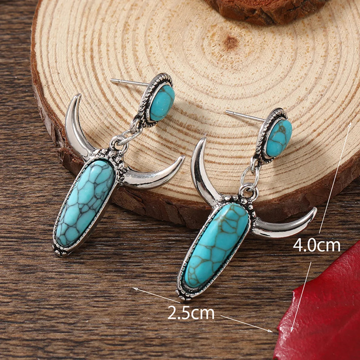 1 Pair Ethnic Style Horns Inlay Alloy Turquoise Silver Plated Drop Earrings