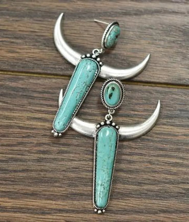 1 Pair Ethnic Style Horns Metal Inlay Turquoise Silver Plated Women's Drop Earrings