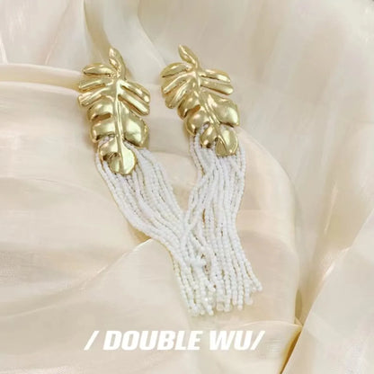 1 Pair Ethnic Style Leaf Beaded Braid Alloy Earrings