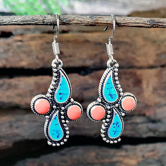 1 Pair Ethnic Style Leaf Water Droplets Metal Inlay Artificial Gemstones Turquoise Silver Plated Women's Drop Earrings