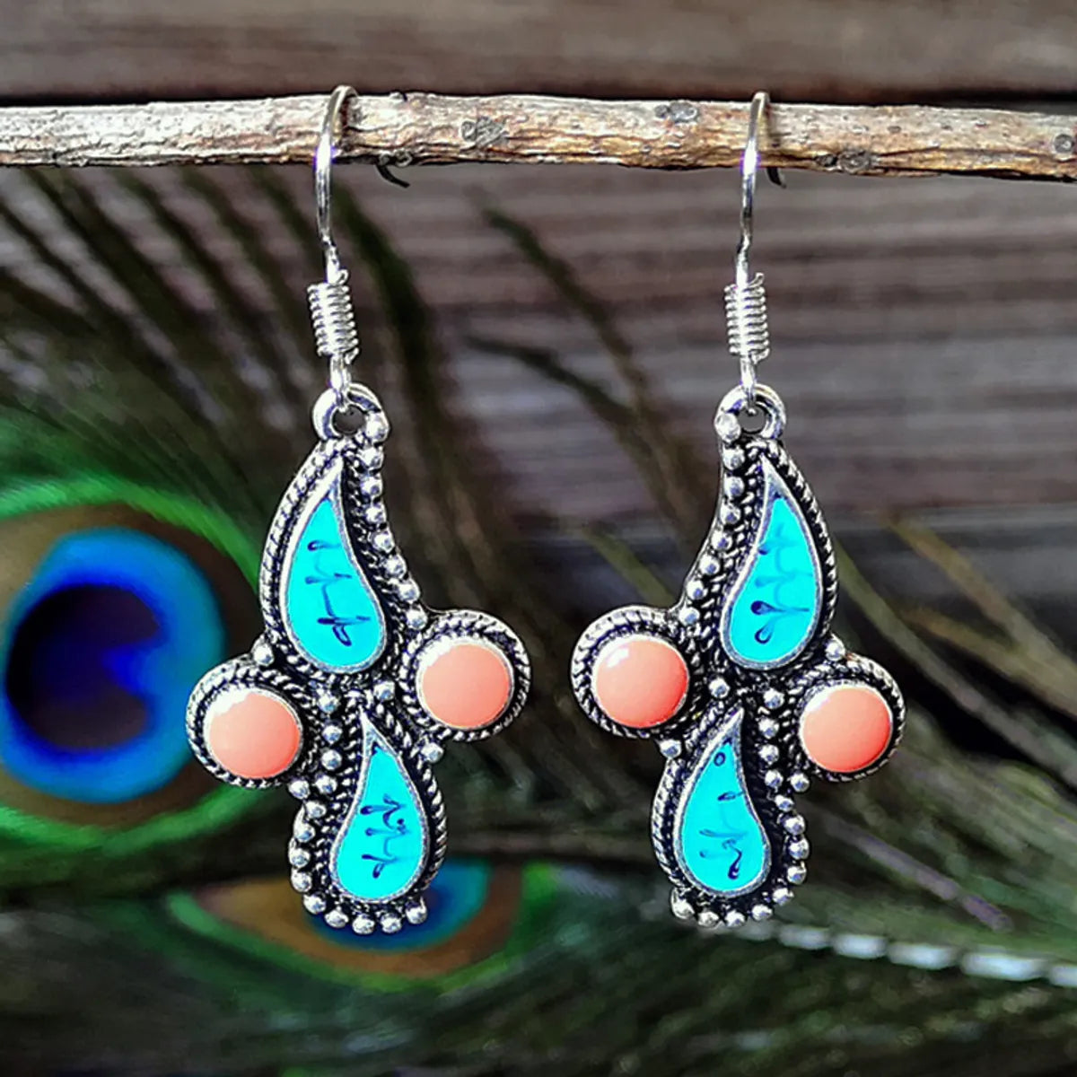 1 Pair Ethnic Style Leaf Water Droplets Metal Inlay Artificial Gemstones Turquoise Silver Plated Women's Drop Earrings