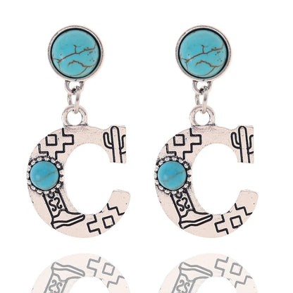 1 Pair Ethnic Style Letter Inlay Alloy Turquoise Drop Earrings