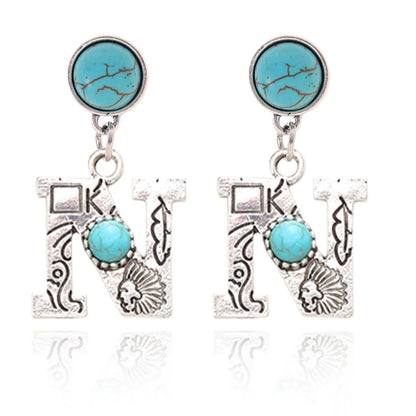 1 Pair Ethnic Style Letter Inlay Alloy Turquoise Drop Earrings