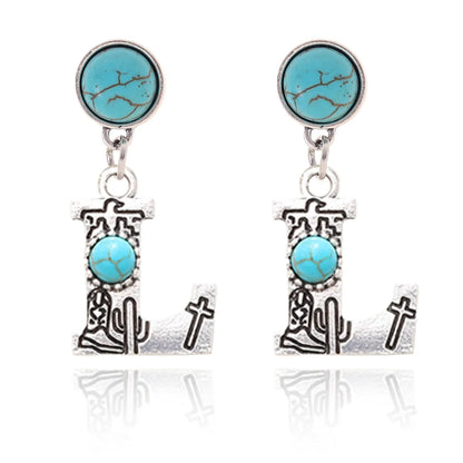 1 Pair Ethnic Style Letter Inlay Alloy Turquoise Drop Earrings