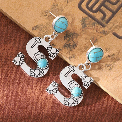 1 Pair Ethnic Style Letter Inlay Alloy Turquoise Drop Earrings