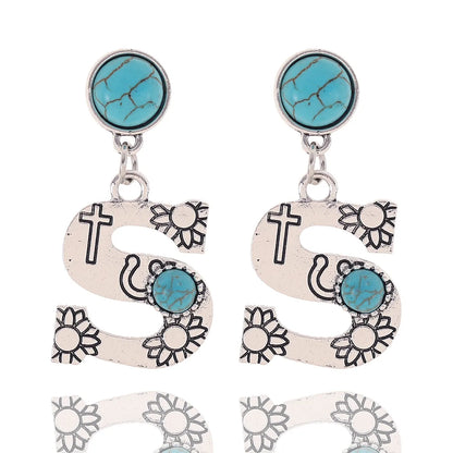 1 Pair Ethnic Style Letter Inlay Alloy Turquoise Drop Earrings