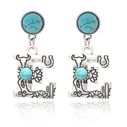 1 Pair Ethnic Style Letter Inlay Alloy Turquoise Drop Earrings