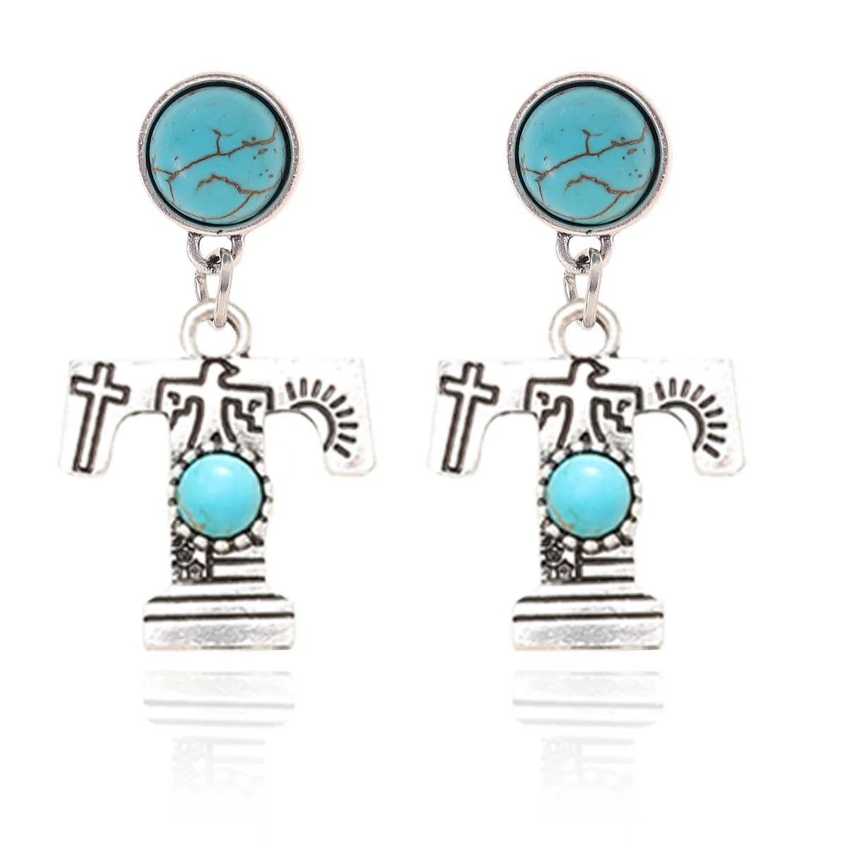 1 Pair Ethnic Style Letter Inlay Alloy Turquoise Drop Earrings