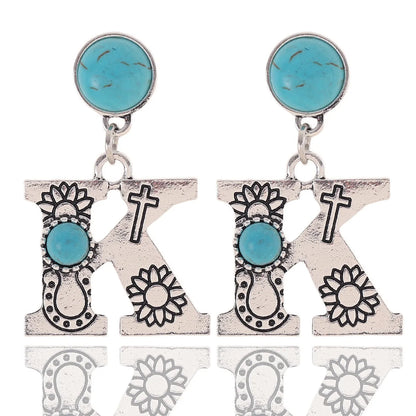 1 Pair Ethnic Style Letter Inlay Alloy Turquoise Drop Earrings