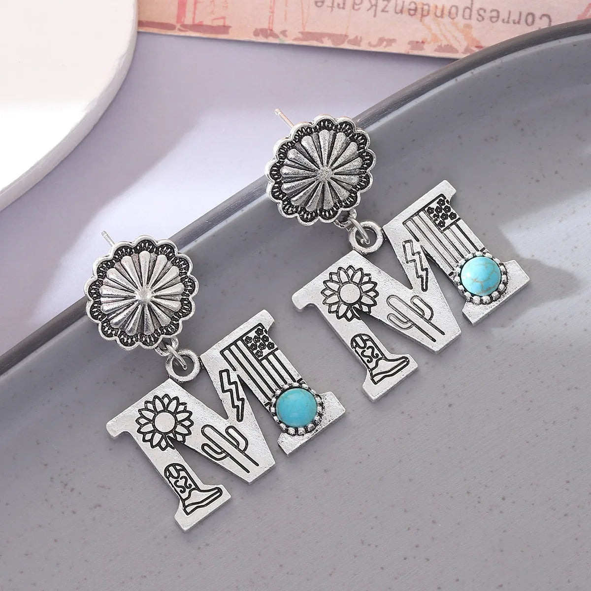 1 Pair Ethnic Style Letter Inlay Alloy Turquoise Drop Earrings