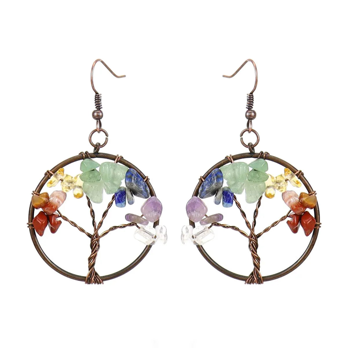 1 Pair Ethnic Style Pastoral Tree Hollow Out Natural Stone Copper Drop Earrings