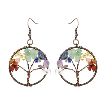 1 Pair Ethnic Style Pastoral Tree Hollow Out Natural Stone Copper Drop Earrings