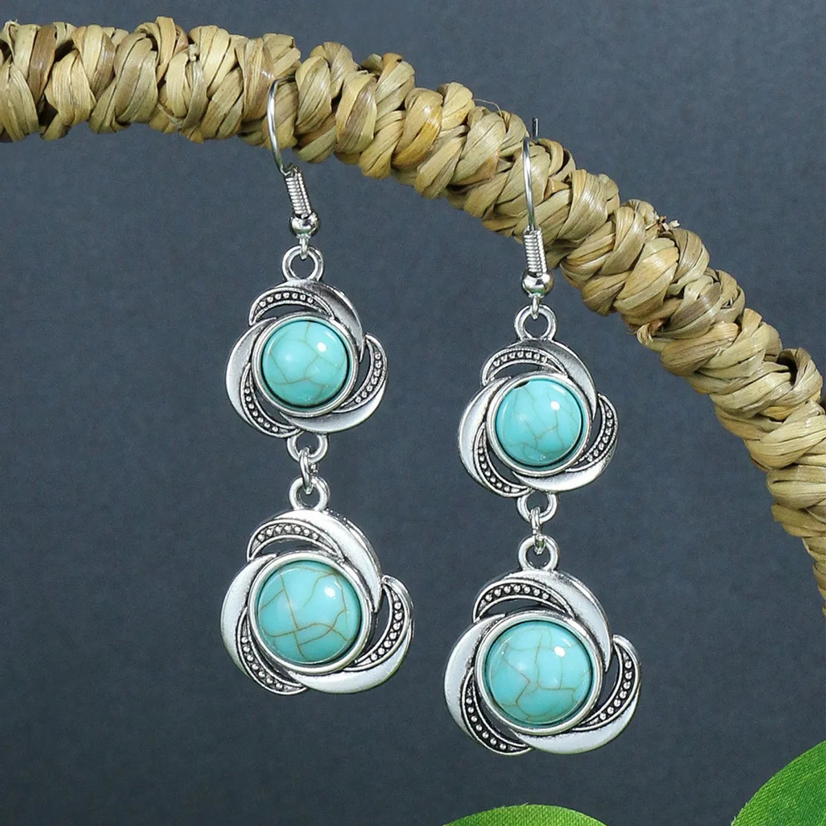 1 Pair Ethnic Style Round Inlay Alloy Turquoise Drop Earrings