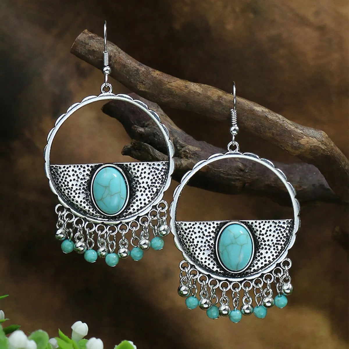 1 Pair Ethnic Style Round Inlay Alloy Turquoise Drop Earrings