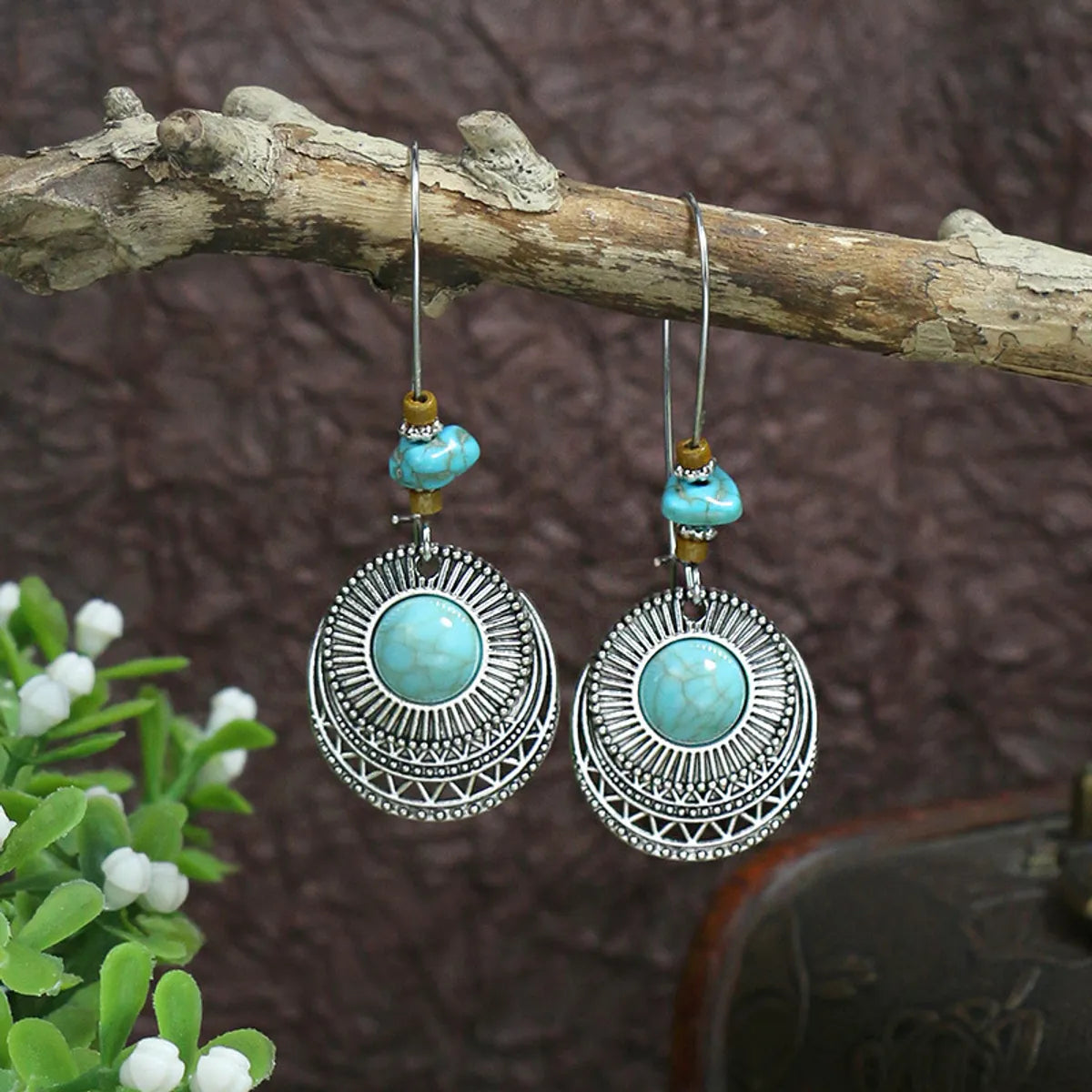 1 Pair Ethnic Style Round Inlay Alloy Turquoise Drop Earrings