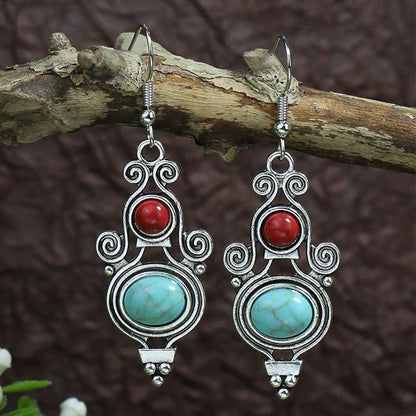 1 Pair Ethnic Style Round Inlay Alloy Turquoise Drop Earrings