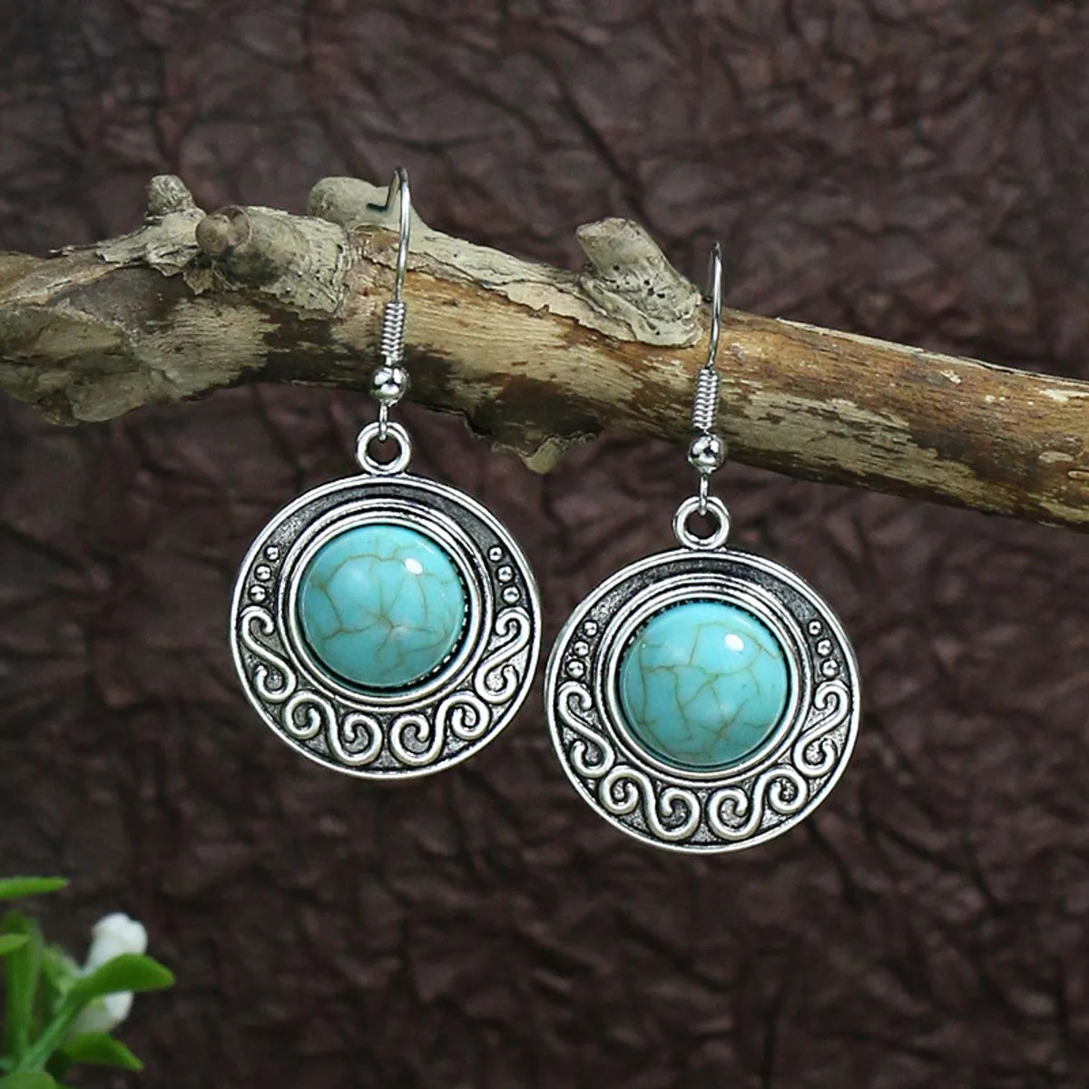 1 Pair Ethnic Style Round Inlay Alloy Turquoise Drop Earrings