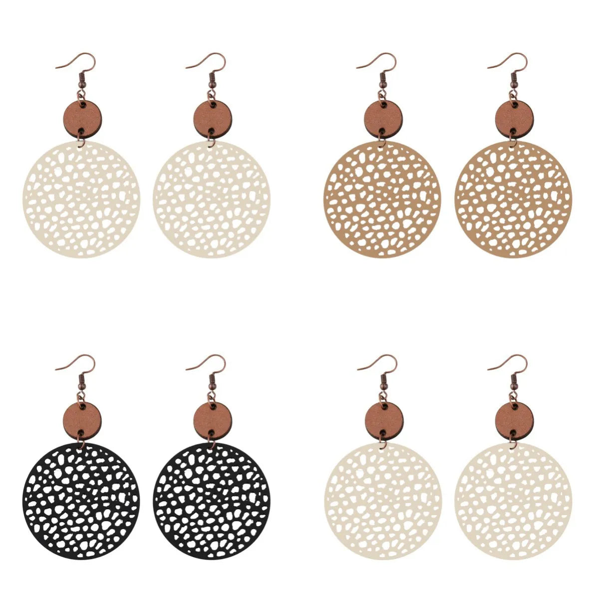 1 Pair Ethnic Style Round Patchwork Hollow Out Stainless Steel Wood Drop Earrings