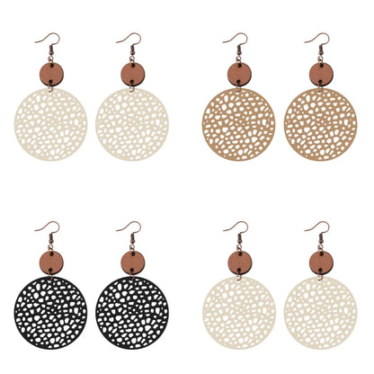 1 Pair Ethnic Style Round Patchwork Hollow Out Stainless Steel Wood Drop Earrings