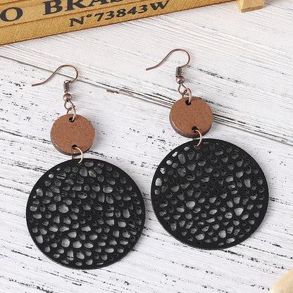 1 Pair Ethnic Style Round Patchwork Hollow Out Stainless Steel Wood Drop Earrings