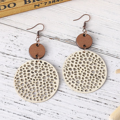 1 Pair Ethnic Style Round Patchwork Hollow Out Stainless Steel Wood Drop Earrings