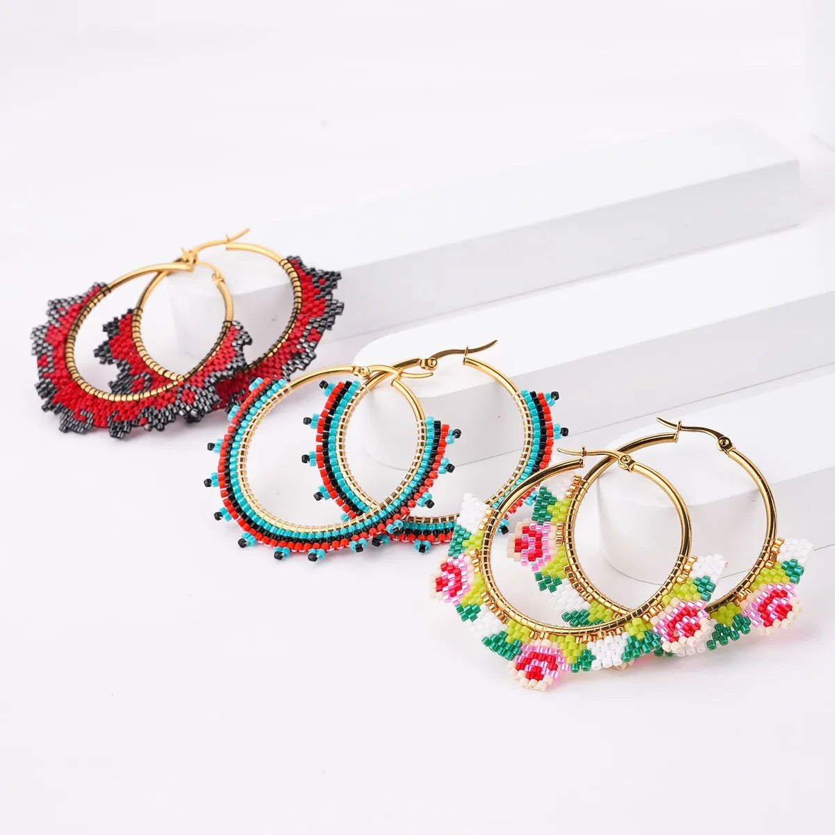 1 Pair Ethnic Style Round Patchwork Stainless Steel Seed Bead Earrings