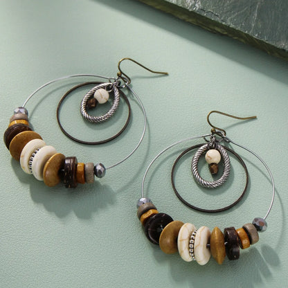 1 Pair Ethnic Style Round Patchwork Wood Iron Drop Earrings