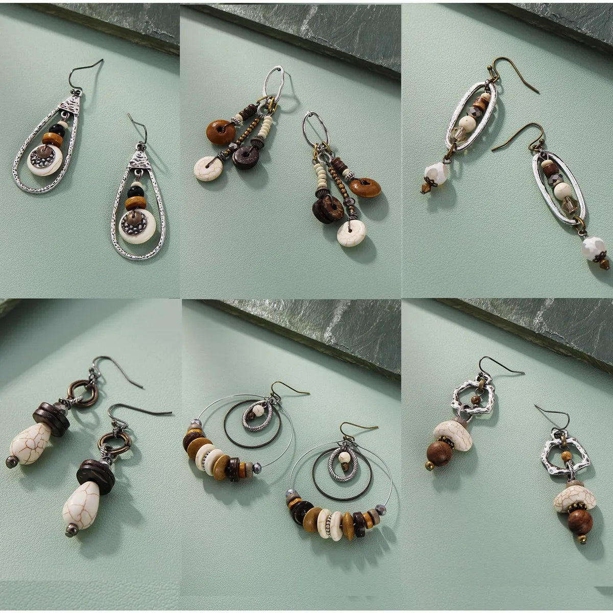 1 Pair Ethnic Style Round Patchwork Wood Iron Drop Earrings