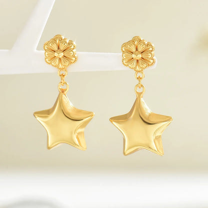 1 Pair Ethnic Style Shiny Star Heart Shape Flower Hollow Out Copper Zinc Alloy 18K Gold Plated Drop Earrings