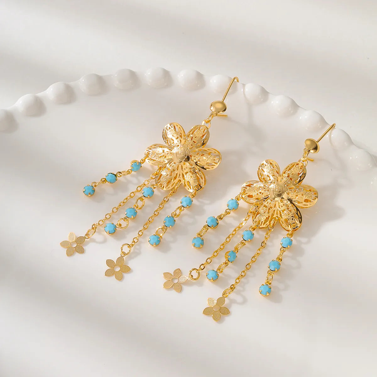 1 Pair Ethnic Style Simple Style Flower Tassel Hollow Out Inlay Copper Turquoise 18K Gold Plated Drop Earrings