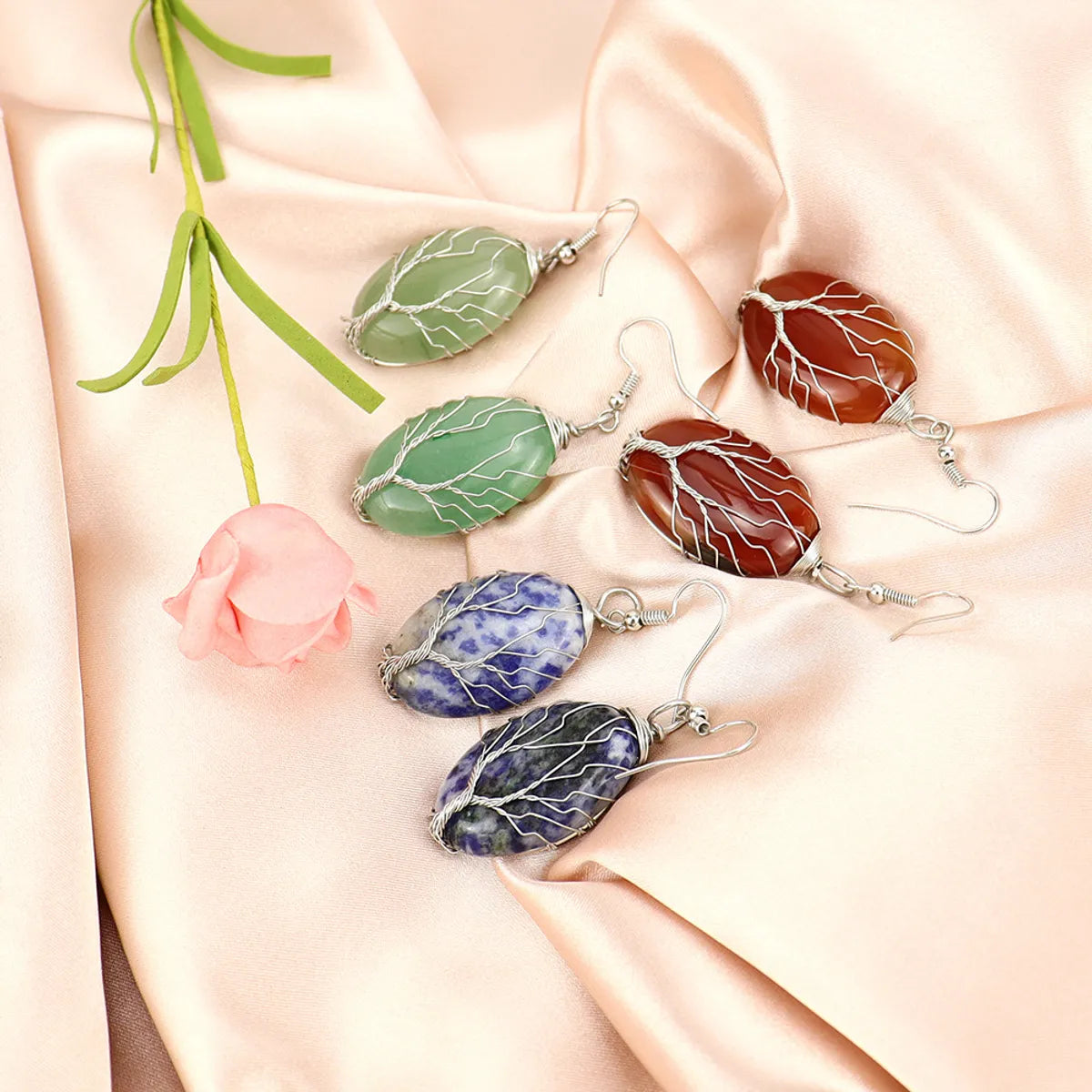 1 Pair Ethnic Style Tree Oval Alloy Natural Stone Handmade Drop Earrings