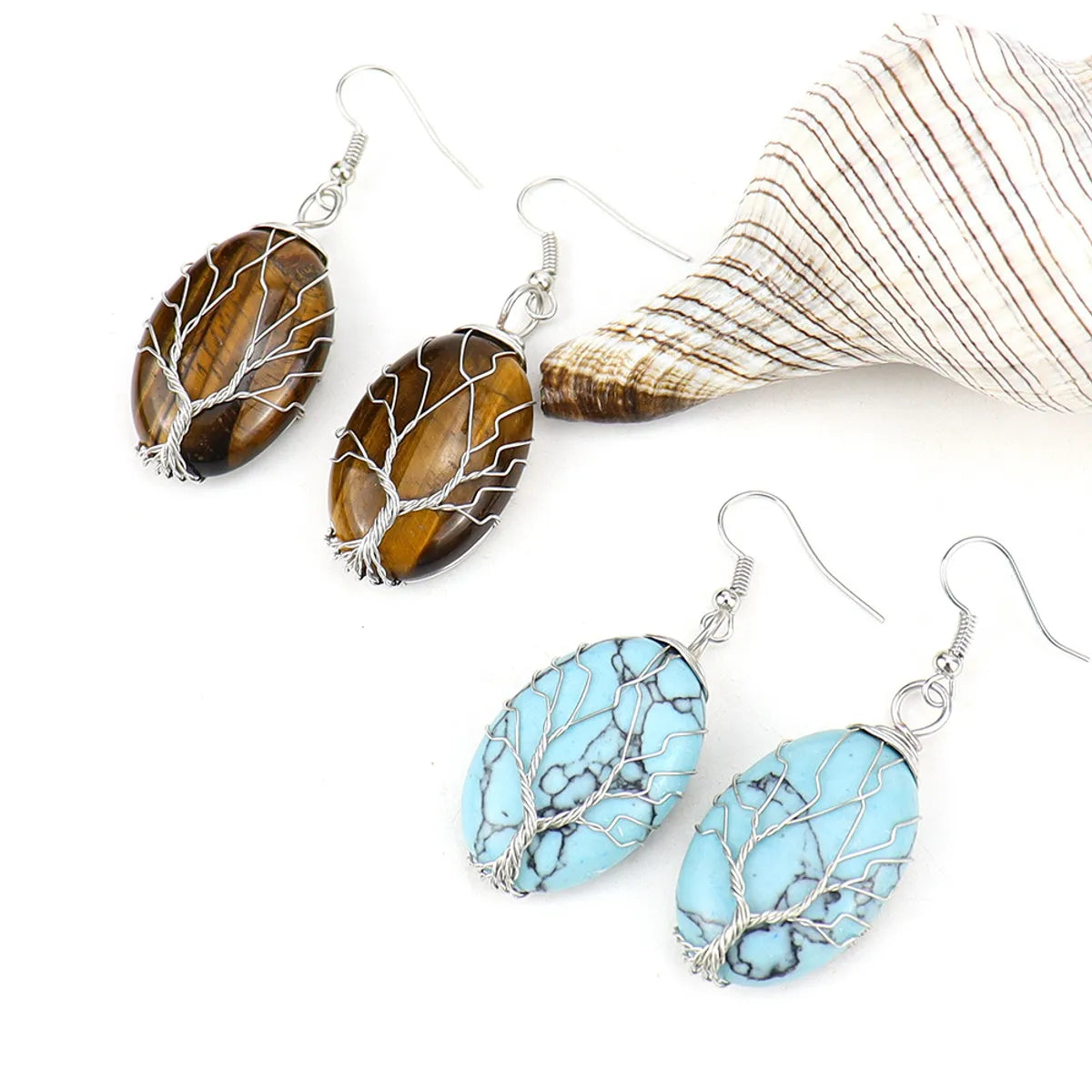 1 Pair Ethnic Style Tree Oval Alloy Natural Stone Handmade Drop Earrings