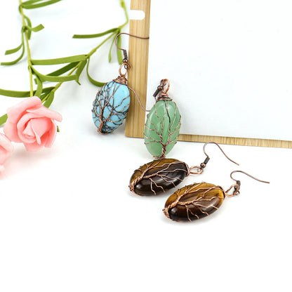 1 Pair Ethnic Style Tree Oval Alloy Natural Stone Handmade Drop Earrings