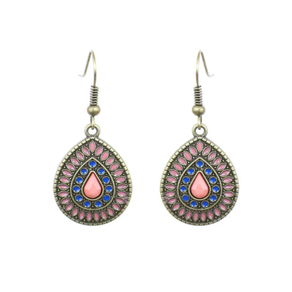 1 Pair Ethnic Style Water Droplets Flower Alloy Enamel Plating Inlay Artificial Gemstones Women'S Drop Earrings